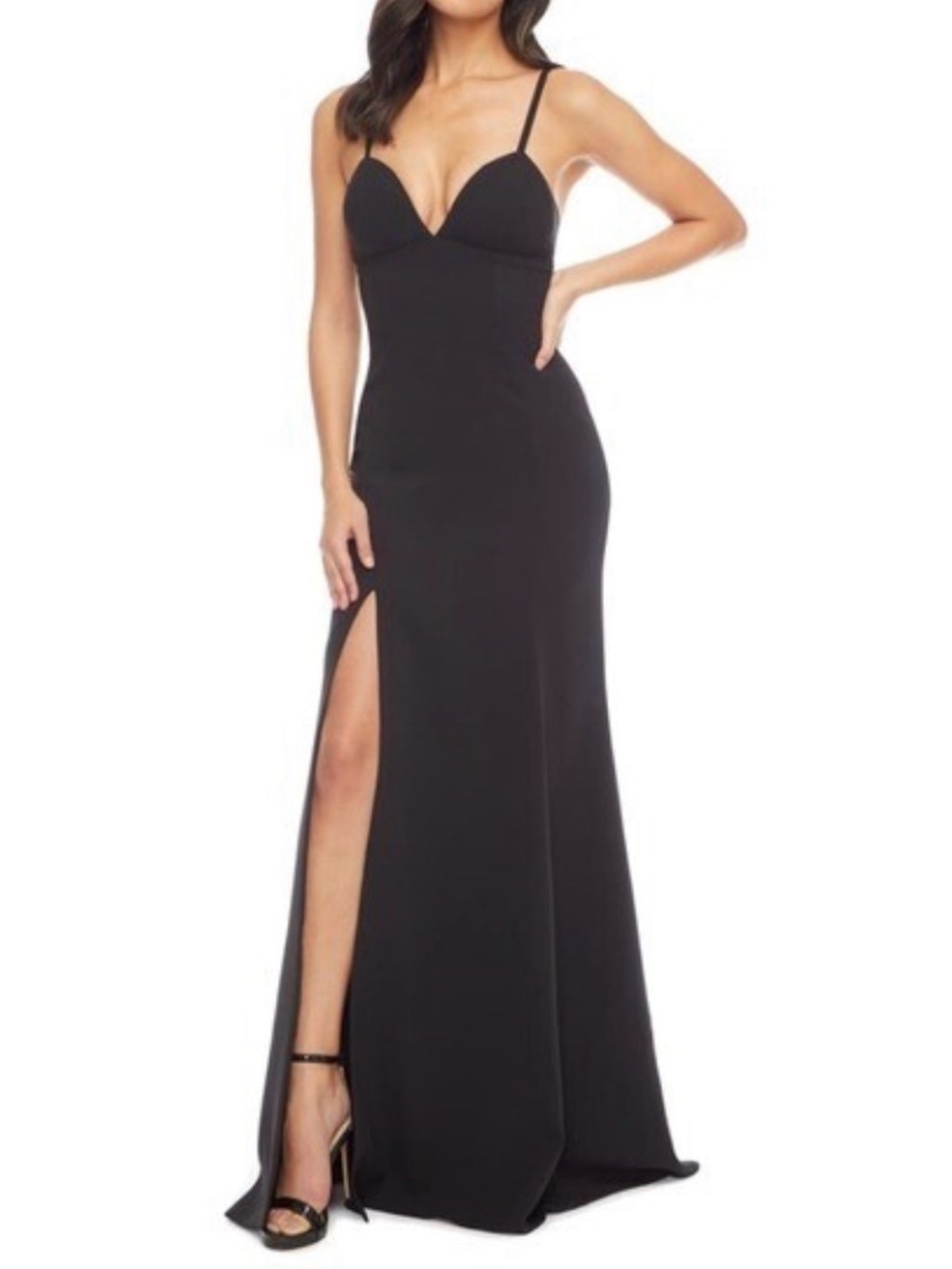 Dress the Population Black Spaghetti-Strap Prom Gown with High Slit